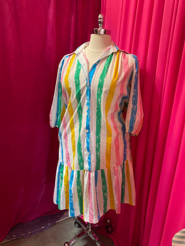 1980s Tan Shirt Dress w/ Delicate Floral Pattern