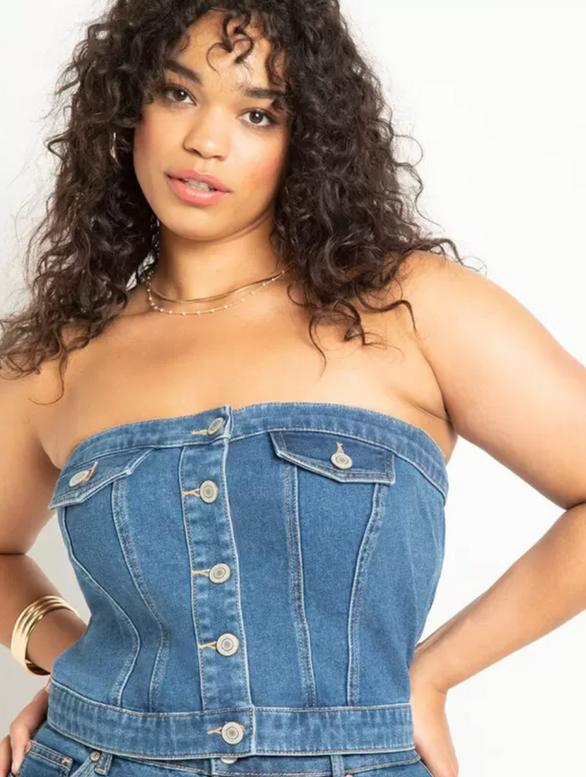 Eloquii Denim Button Up Sleeveless Bustier Top