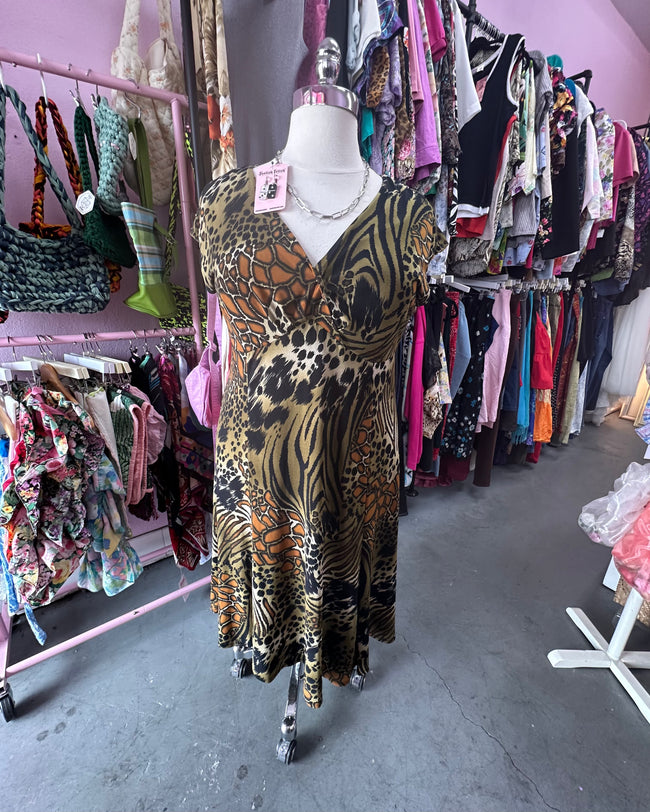 90s Mixed Animal Print Deep V Dress - 18 (runs large)