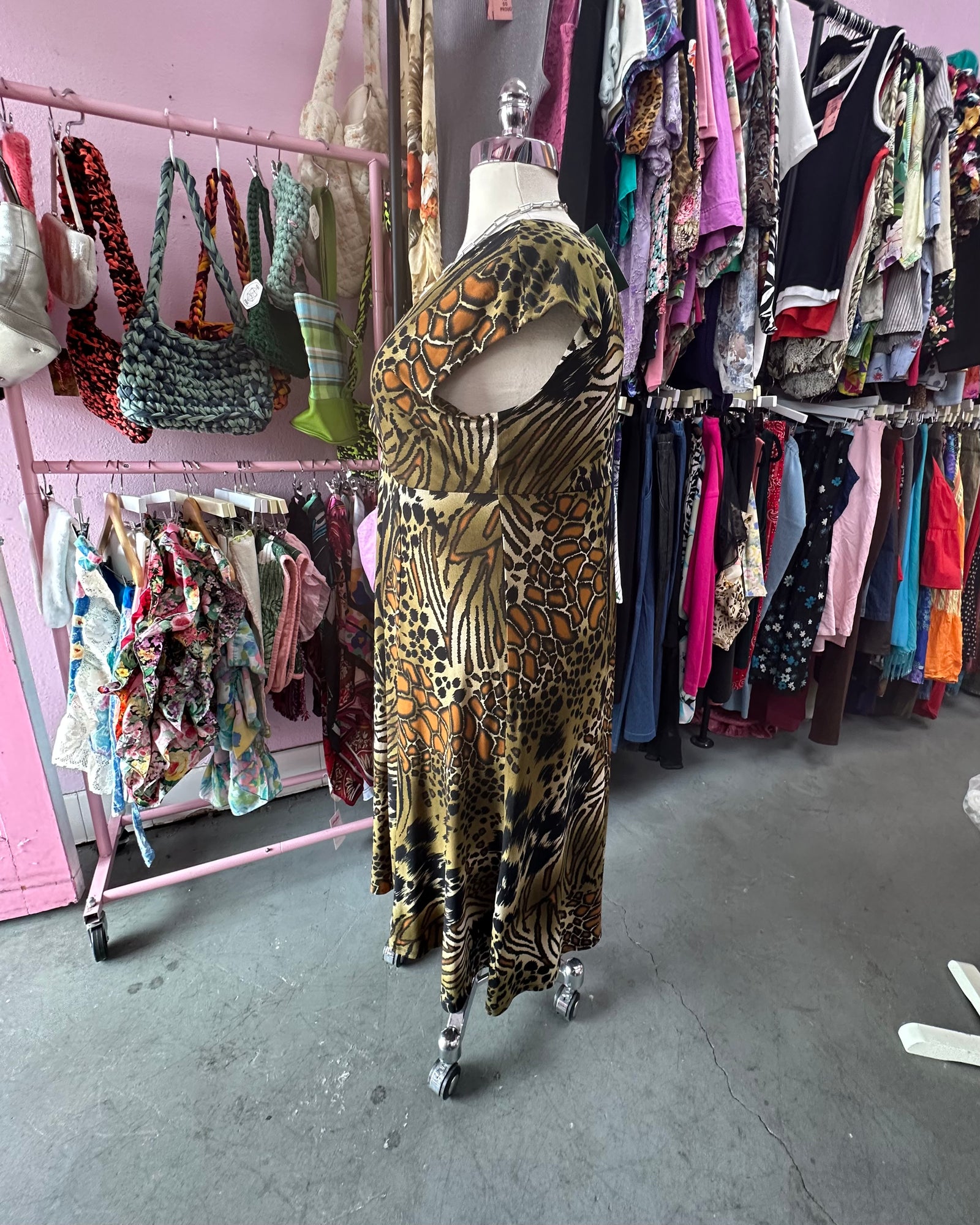 90s Mixed Animal Print Deep V Dress - 18 (runs large)