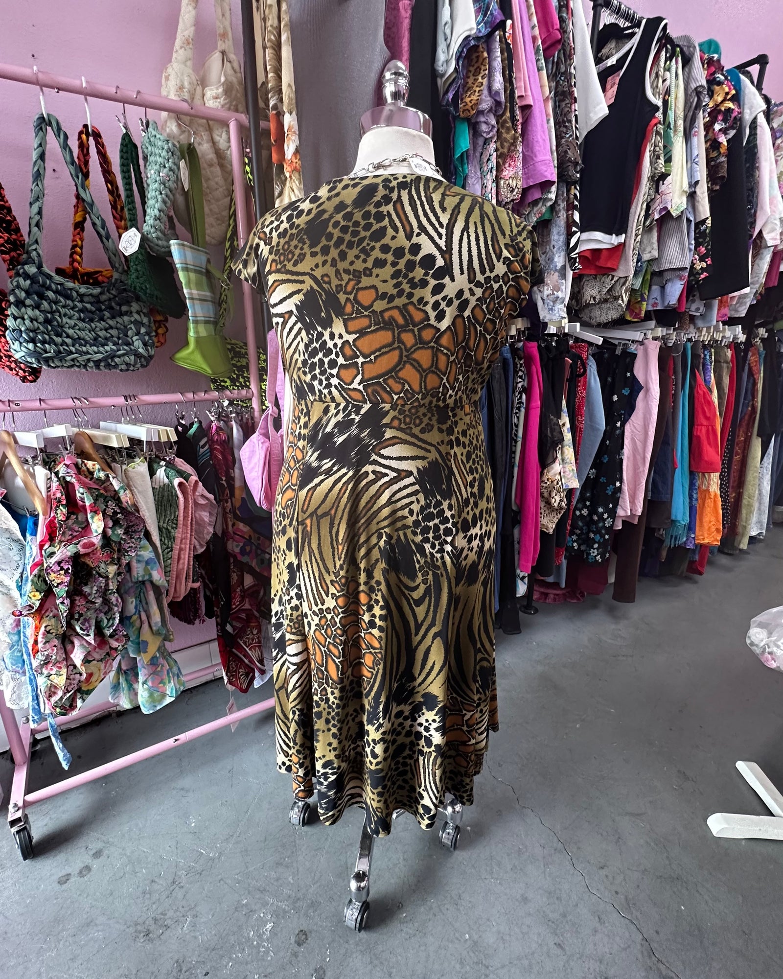 90s Mixed Animal Print Deep V Dress - 18 (runs large)