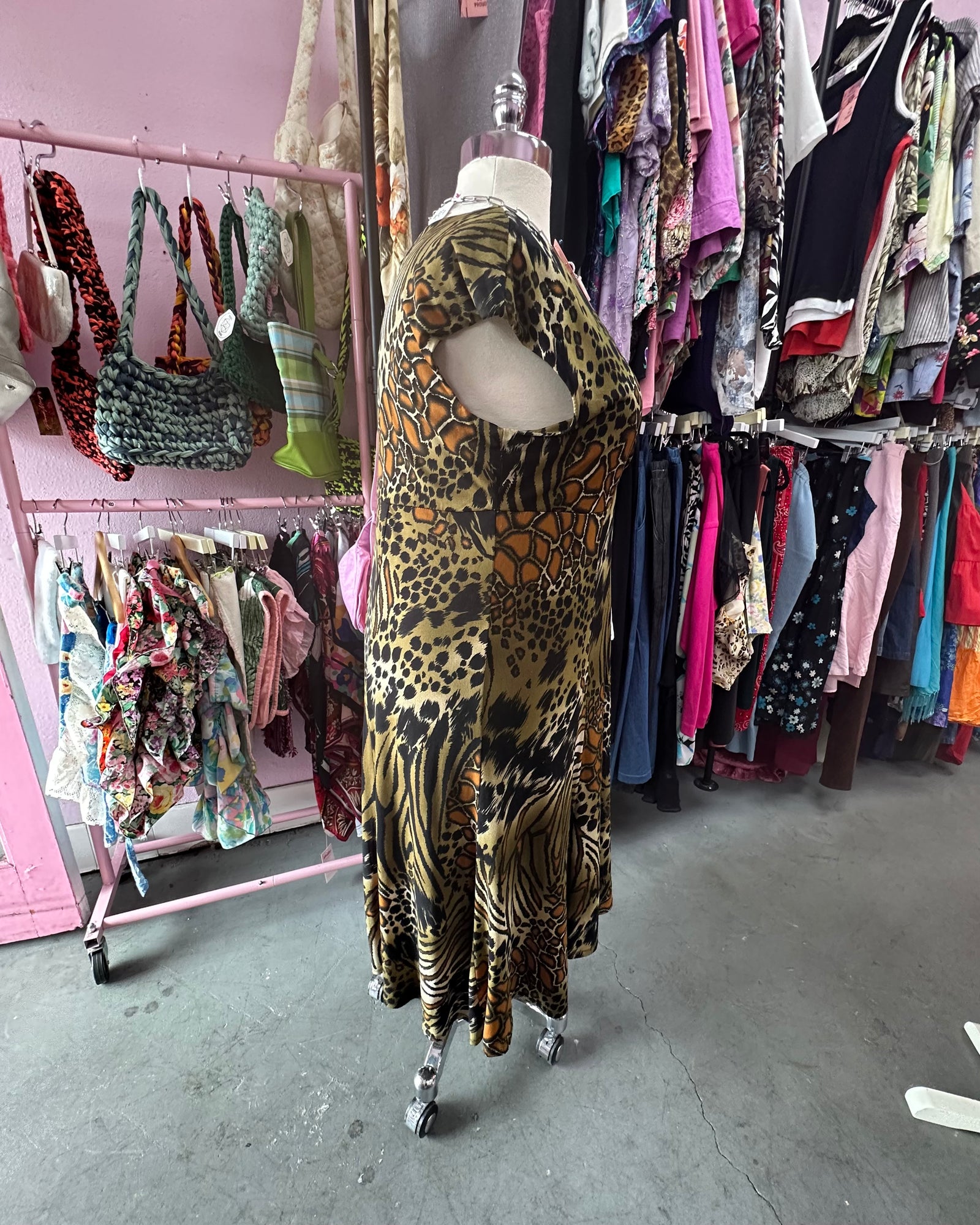 90s Mixed Animal Print Deep V Dress - 18 (runs large)