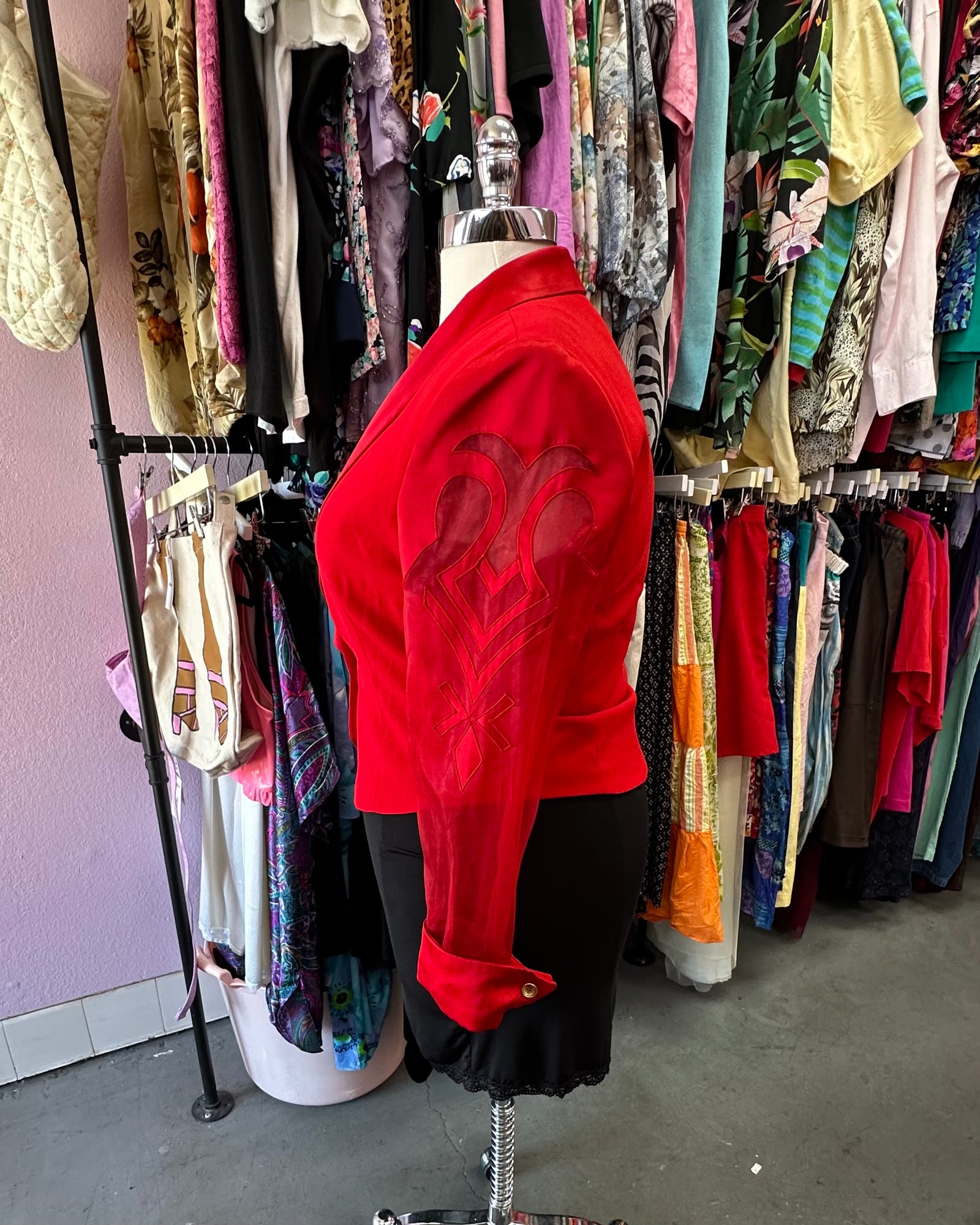 80s Red Sheer Sleeved Blazer - XL