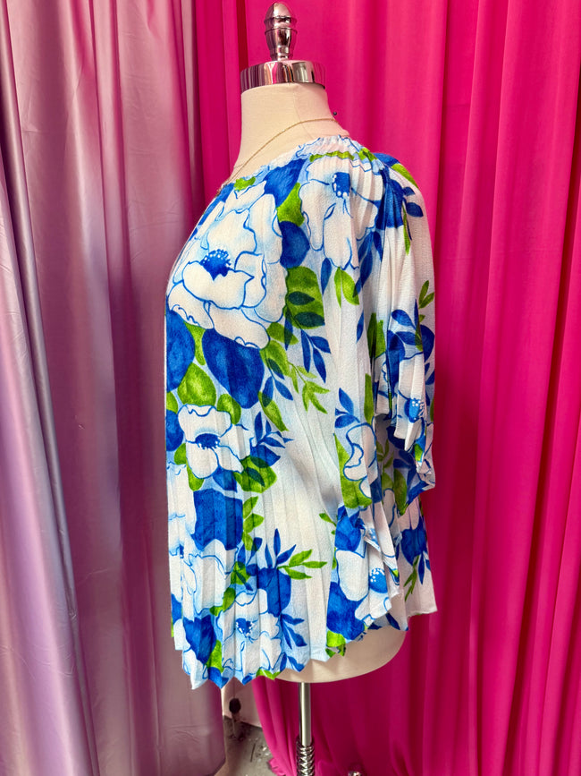 Painterly Hibiscus Pleated Blouse Cover Up