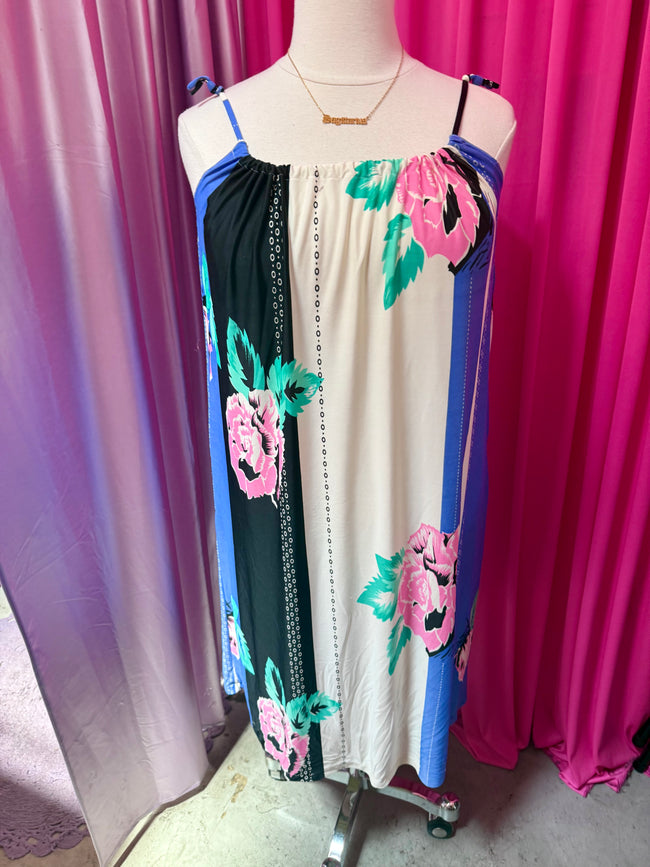 Floating Roses Striped Bathing Suit Cover Up Dress