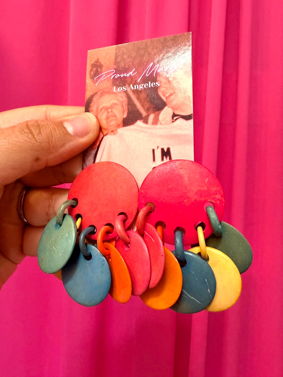 80s Mulitcolor Dots and Loops Wooden Dangle Earrings