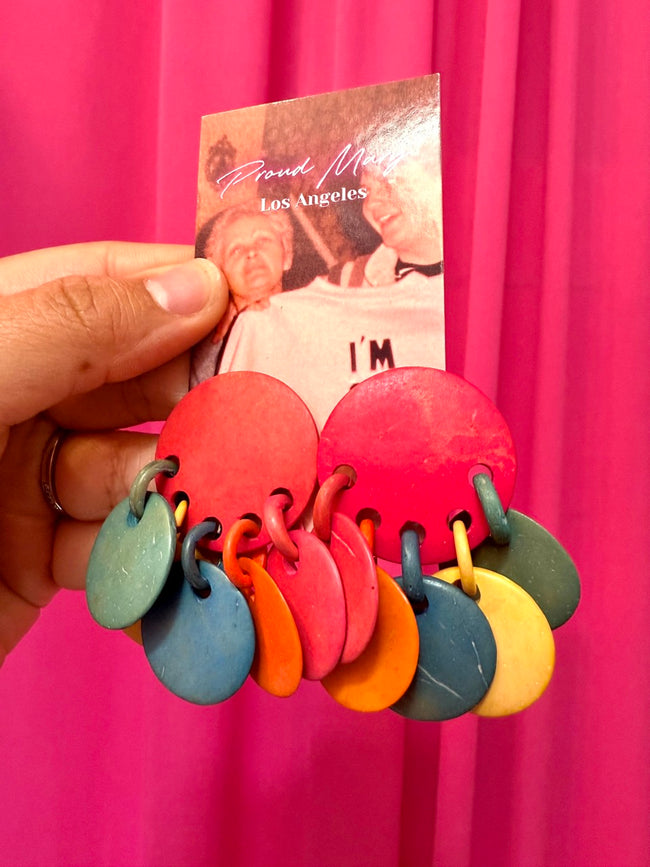 80s Mulitcolor Dots and Loops Wooden Dangle Earrings
