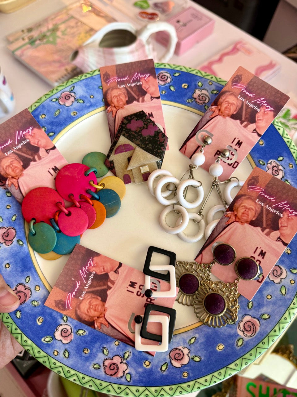 80s Mulitcolor Dots and Loops Wooden Dangle Earrings