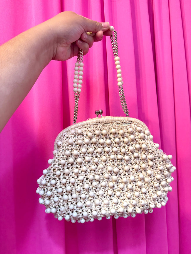 60s Kiss Lock White Raffia Beaded Bag