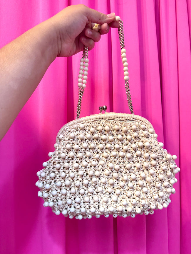 60s Kiss Lock White Raffia Beaded Bag