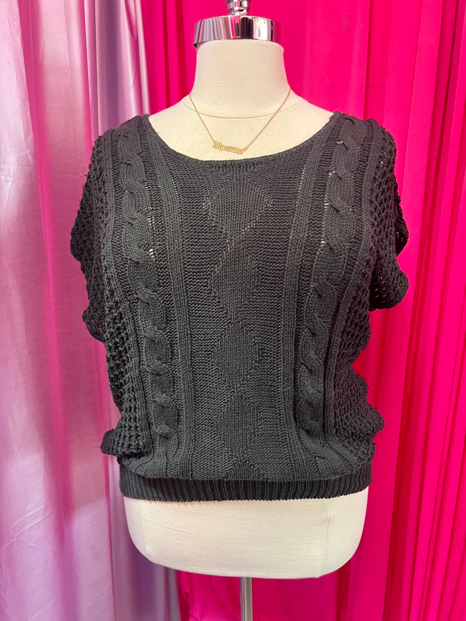 Black Cotton Blend Open Cable Knit Sweater Vest