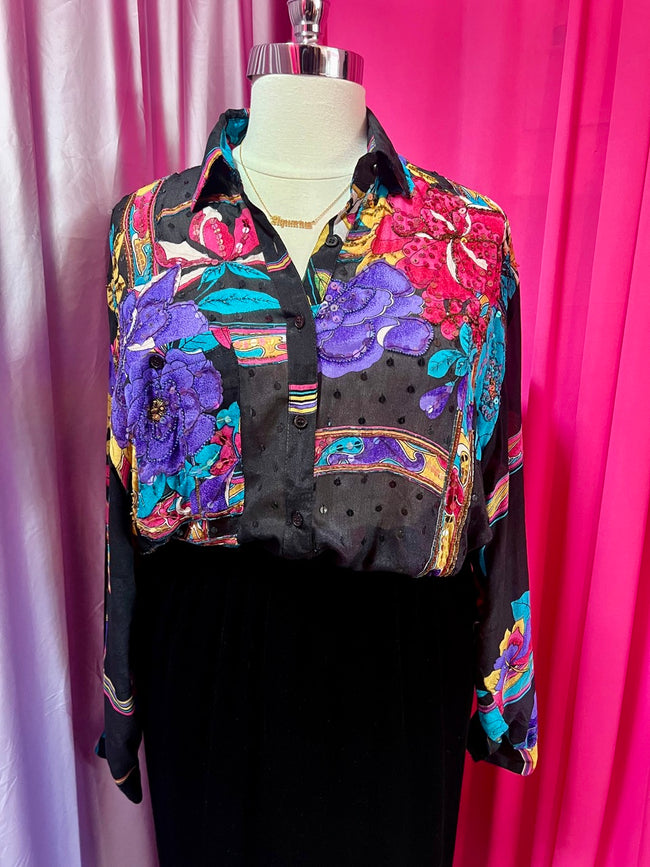 80s Floral Sequin Party Blouse in 100% Silk