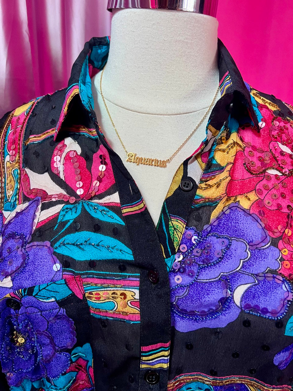 80s Floral Sequin Party Blouse in 100% Silk