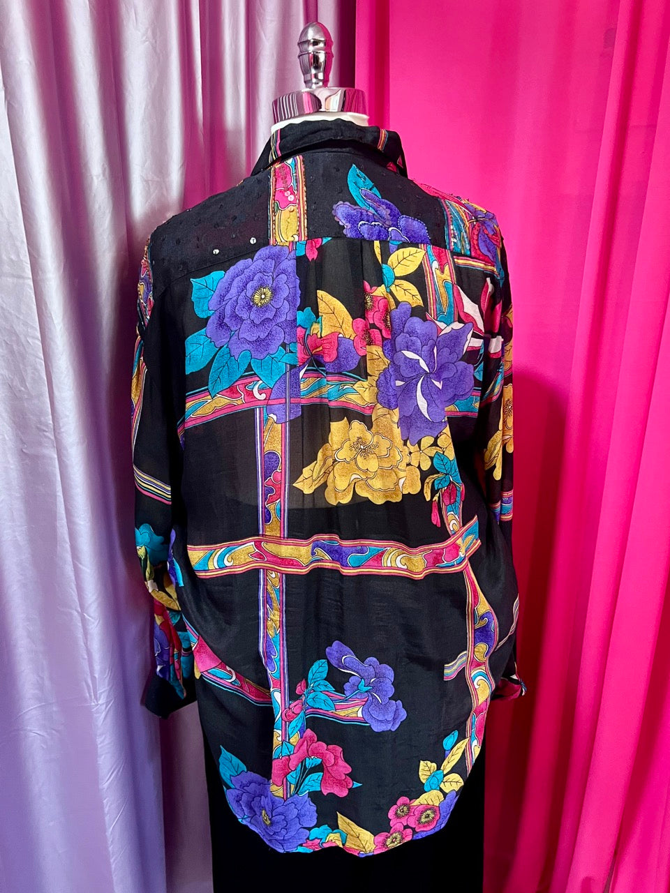 80s Floral Sequin Party Blouse in 100% Silk