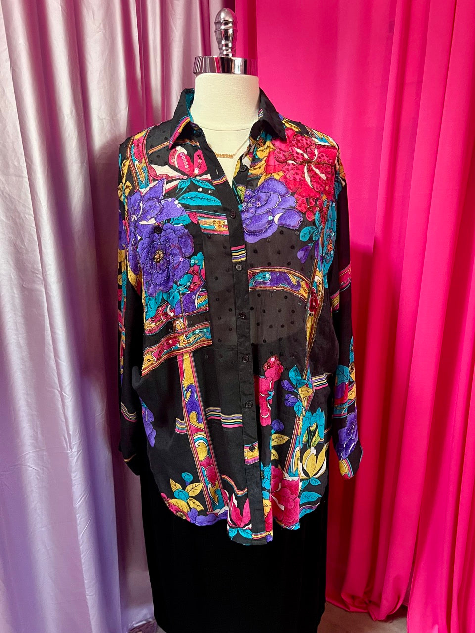 80s Floral Sequin Party Blouse in 100% Silk