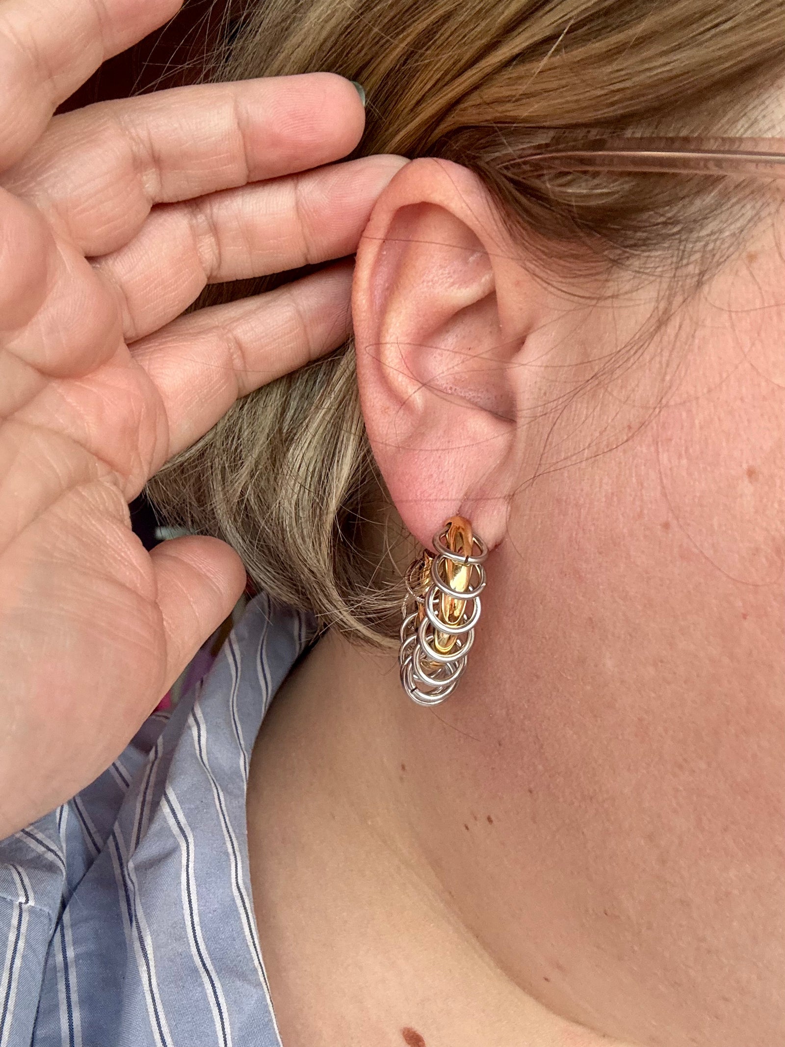 Stainless Steel Two-tone Pierced Hoops