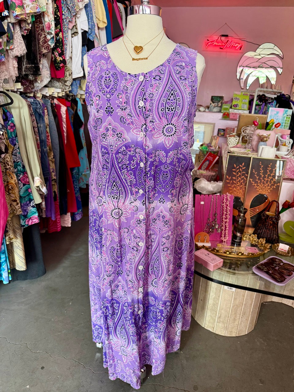 90s Pink And Purple Paisley Maxi Dress