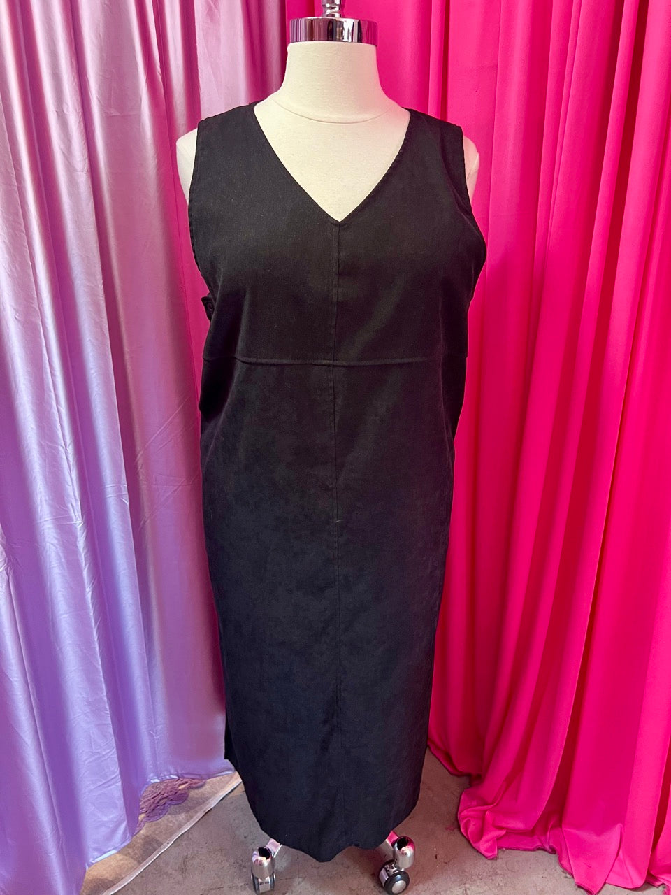 90s Faux Suede V Neck Dress with Button Sides