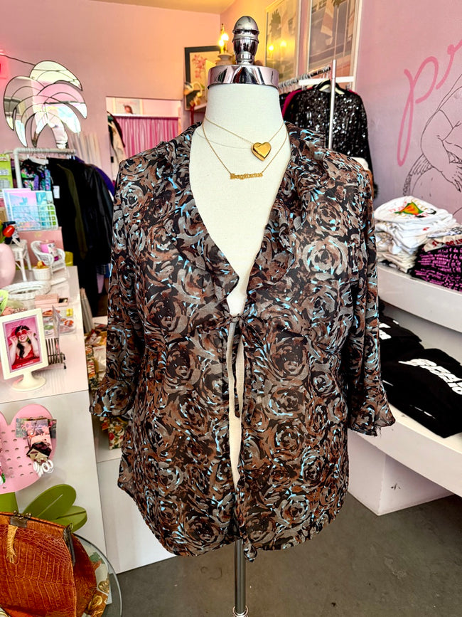 90s Chocolate Roses Tie Front Sheer Top - 1X