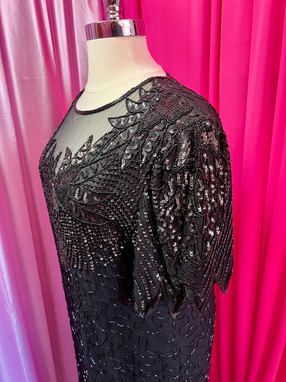 Black on Black 80s Vintage Beaded Dress with Sheer Neckline