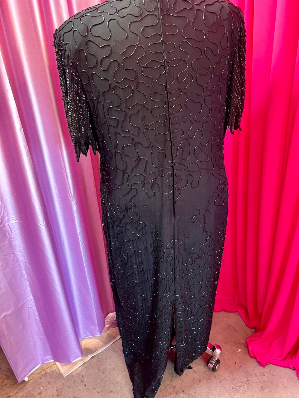 Black on Black 80s Vintage Beaded Dress with Sheer Neckline