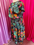 90s Floral and Abstract Print Dress with Stretch Waist