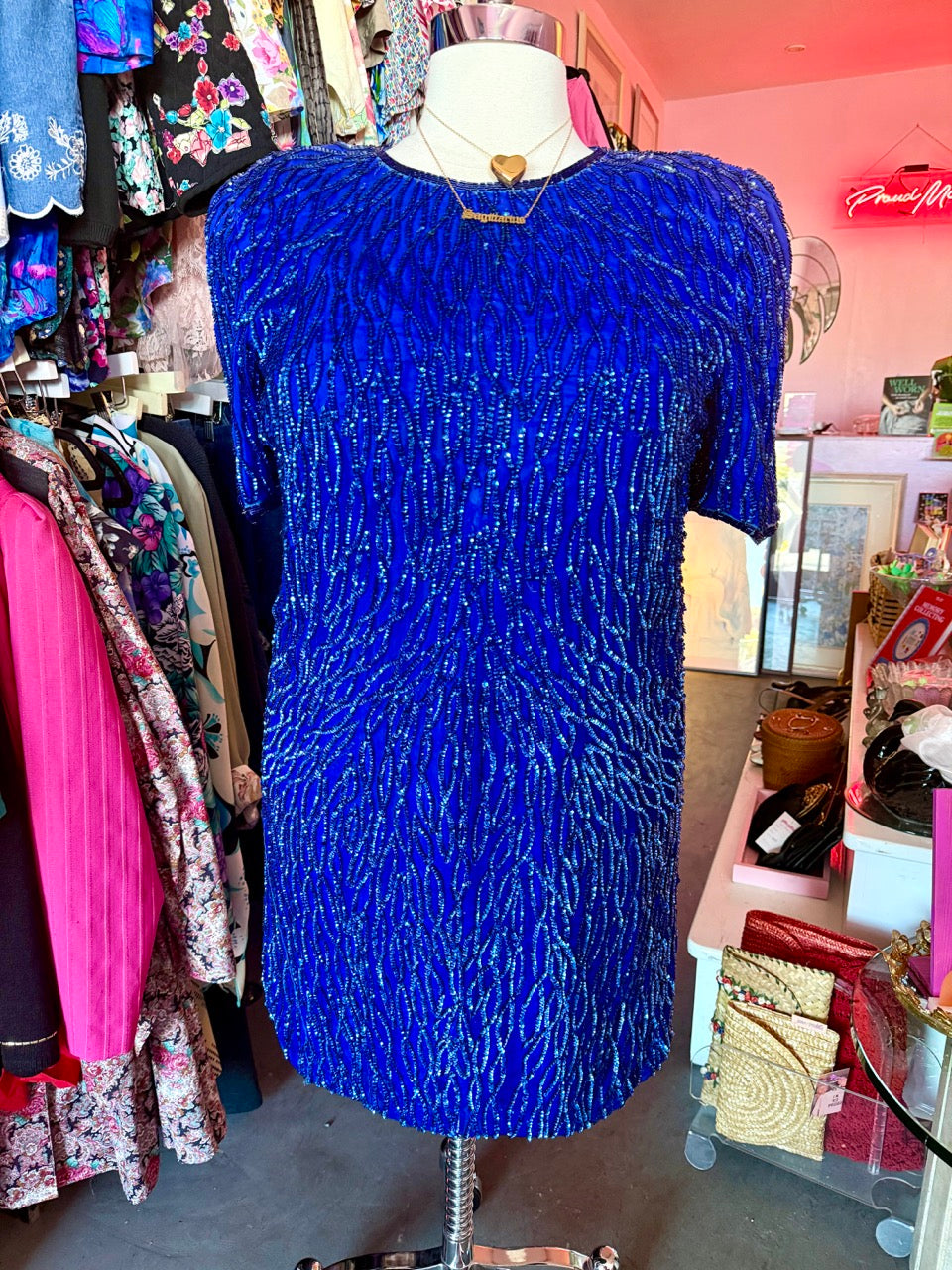 80s Blue Sequin Mini Dress - Size 18/20