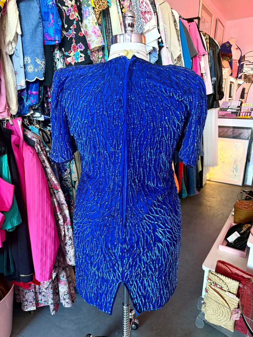80s Blue Sequin Mini Dress - Size 18/20