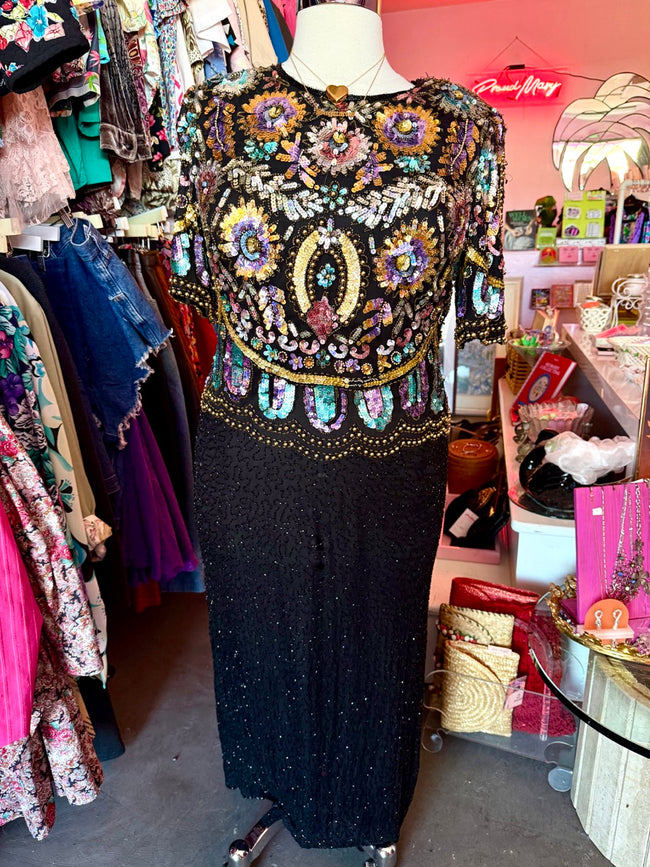 80s Fireworks Sequin and Beads Formal Dress - Size 16/18