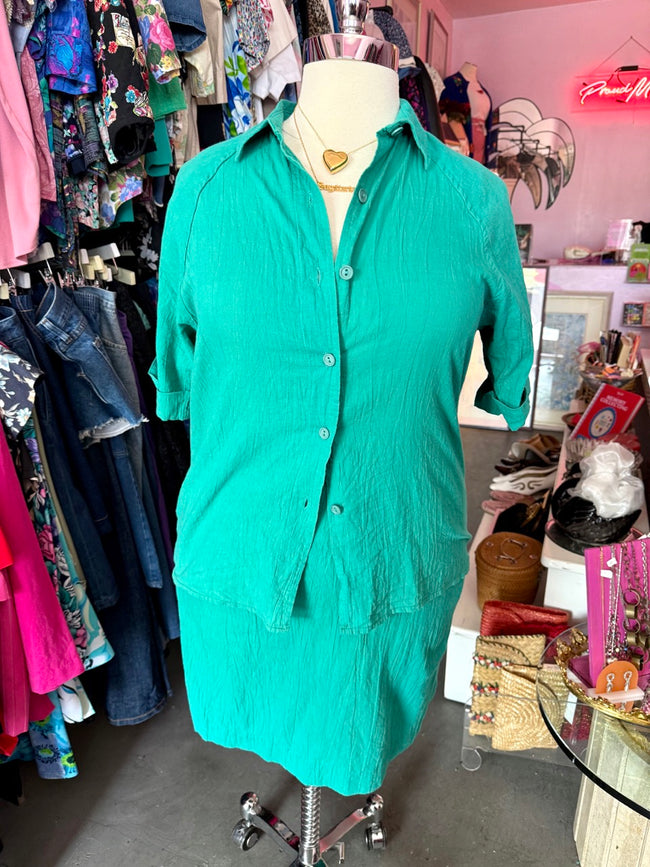 80s Teal Cotton Skirt Set - Size 16
