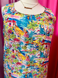 Coastal Town Tropical Print Silk Tank Dress