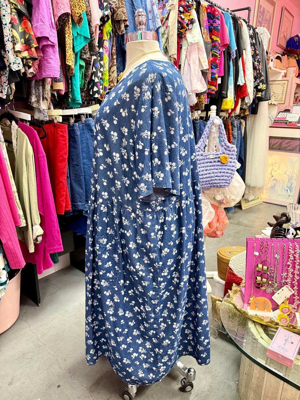 2000s Brought You Flowers Chambray Denim Smock Dress - Size 6X+