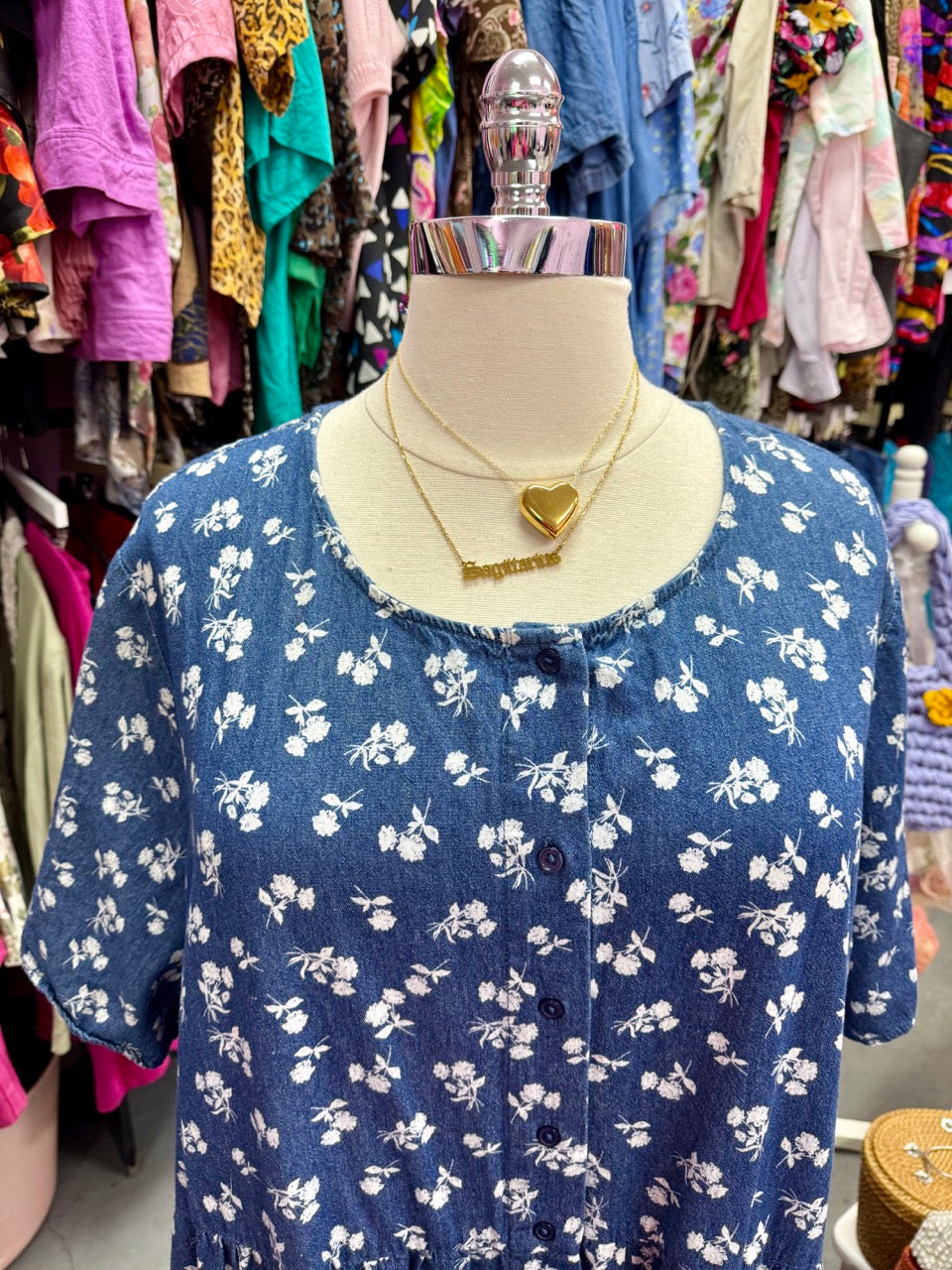 2000s Brought You Flowers Chambray Denim Smock Dress - Size 6X+