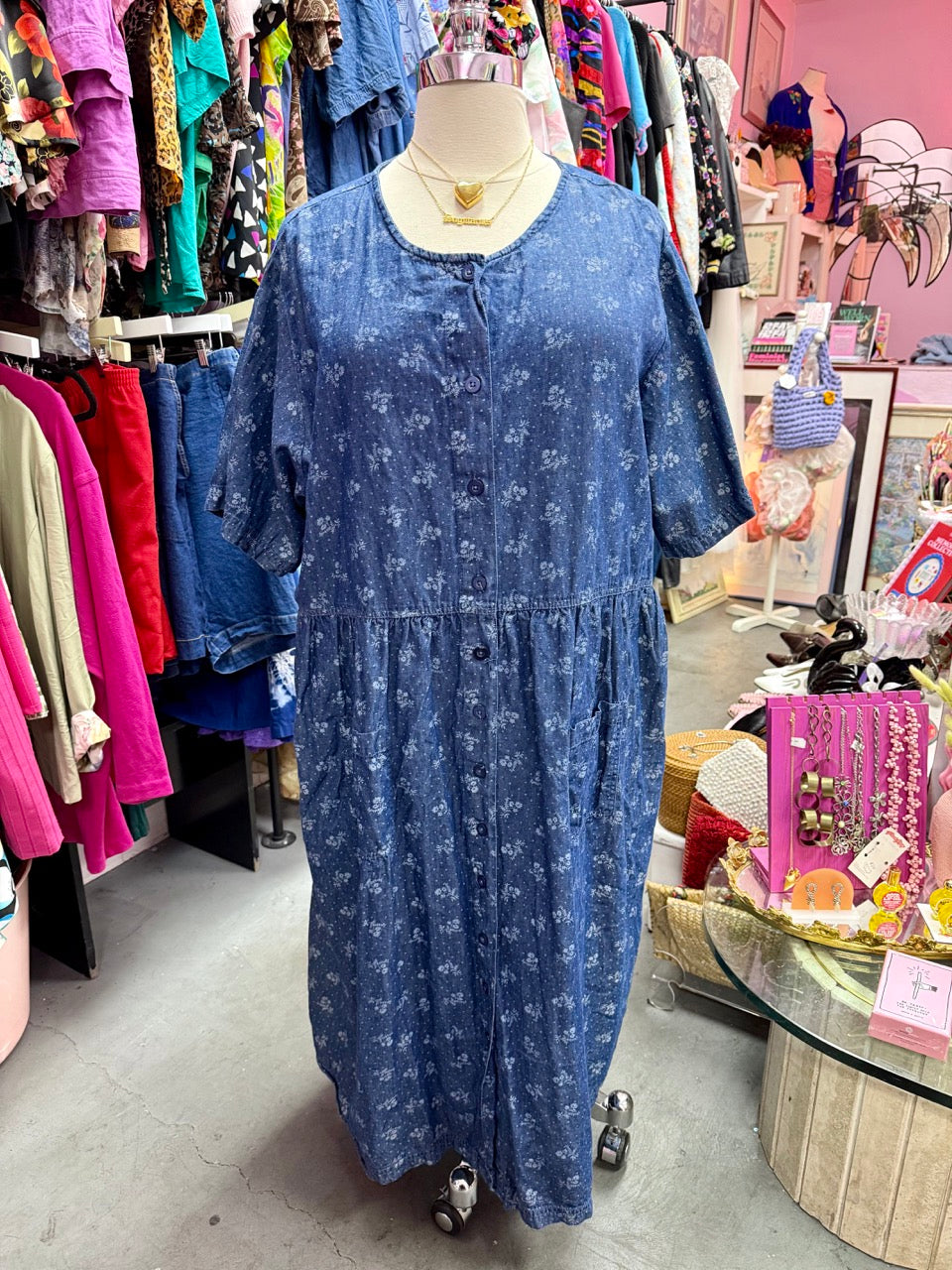 2000s Soft Daisies Chambray Denim Smock Dress - Size 6X+