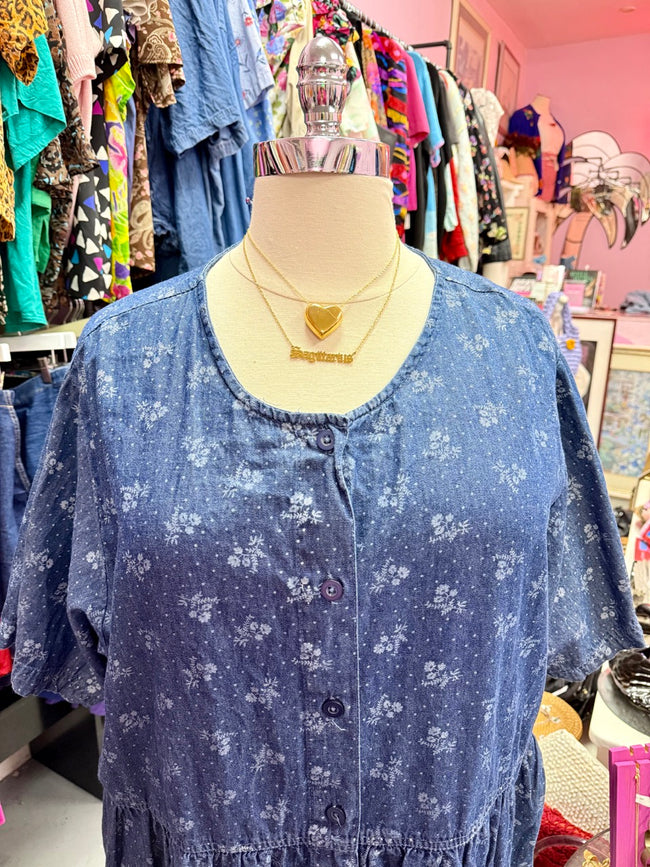 2000s Soft Daisies Chambray Denim Smock Dress - Size 6X+