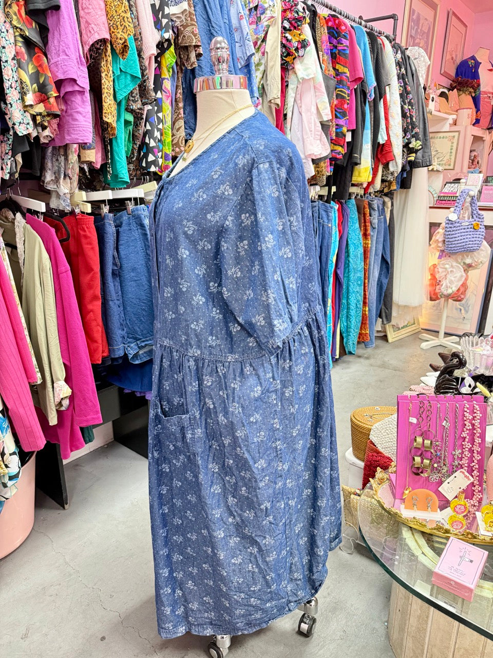 2000s Soft Daisies Chambray Denim Smock Dress - Size 6X+