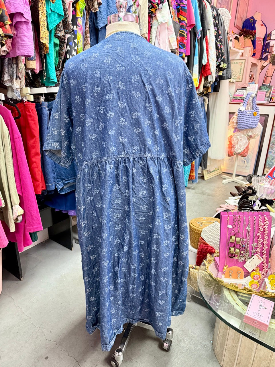 2000s Soft Daisies Chambray Denim Smock Dress - Size 6X+