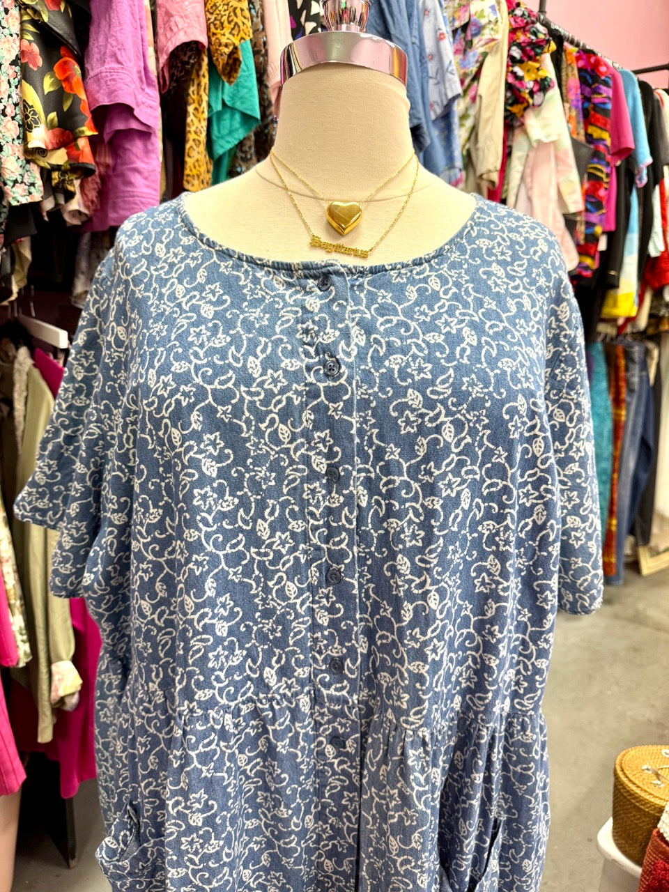 2000s A Walk in The Garden Chambray Denim Smock Dress - Size 6X+