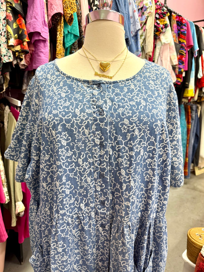 2000s A Walk in The Garden Chambray Denim Smock Dress - Size 6X+