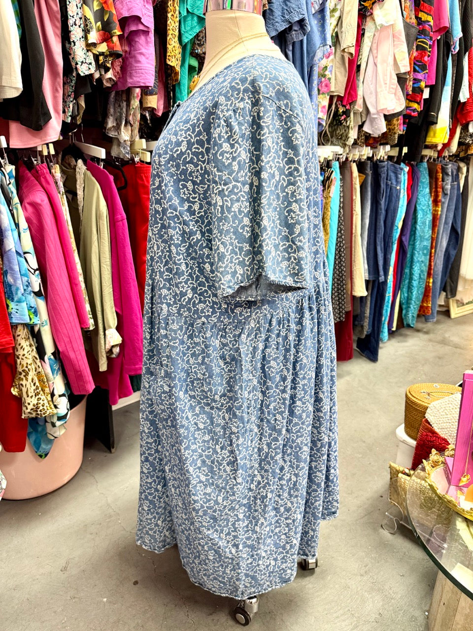 2000s A Walk in The Garden Chambray Denim Smock Dress - Size 6X+