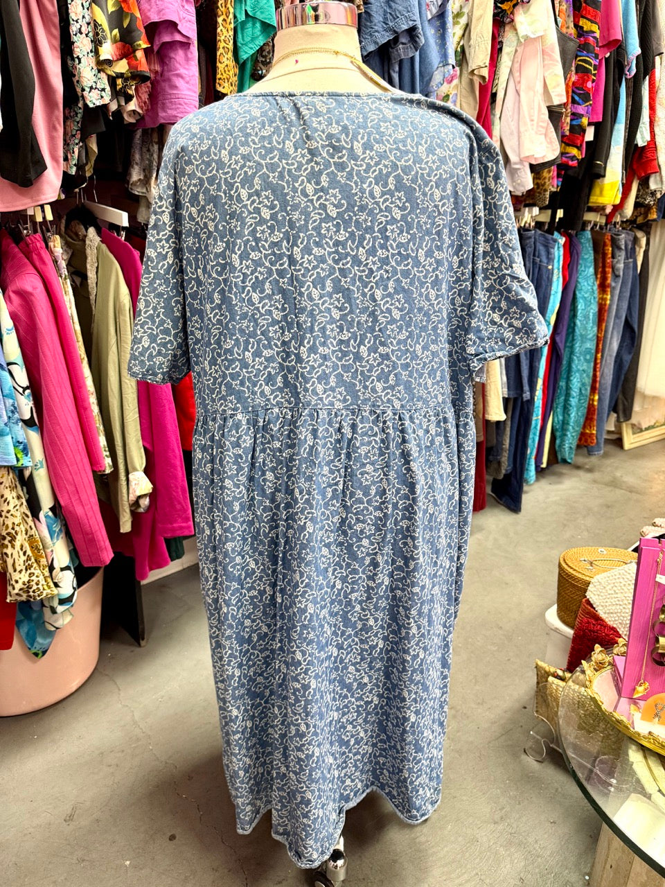 2000s A Walk in The Garden Chambray Denim Smock Dress - Size 6X+