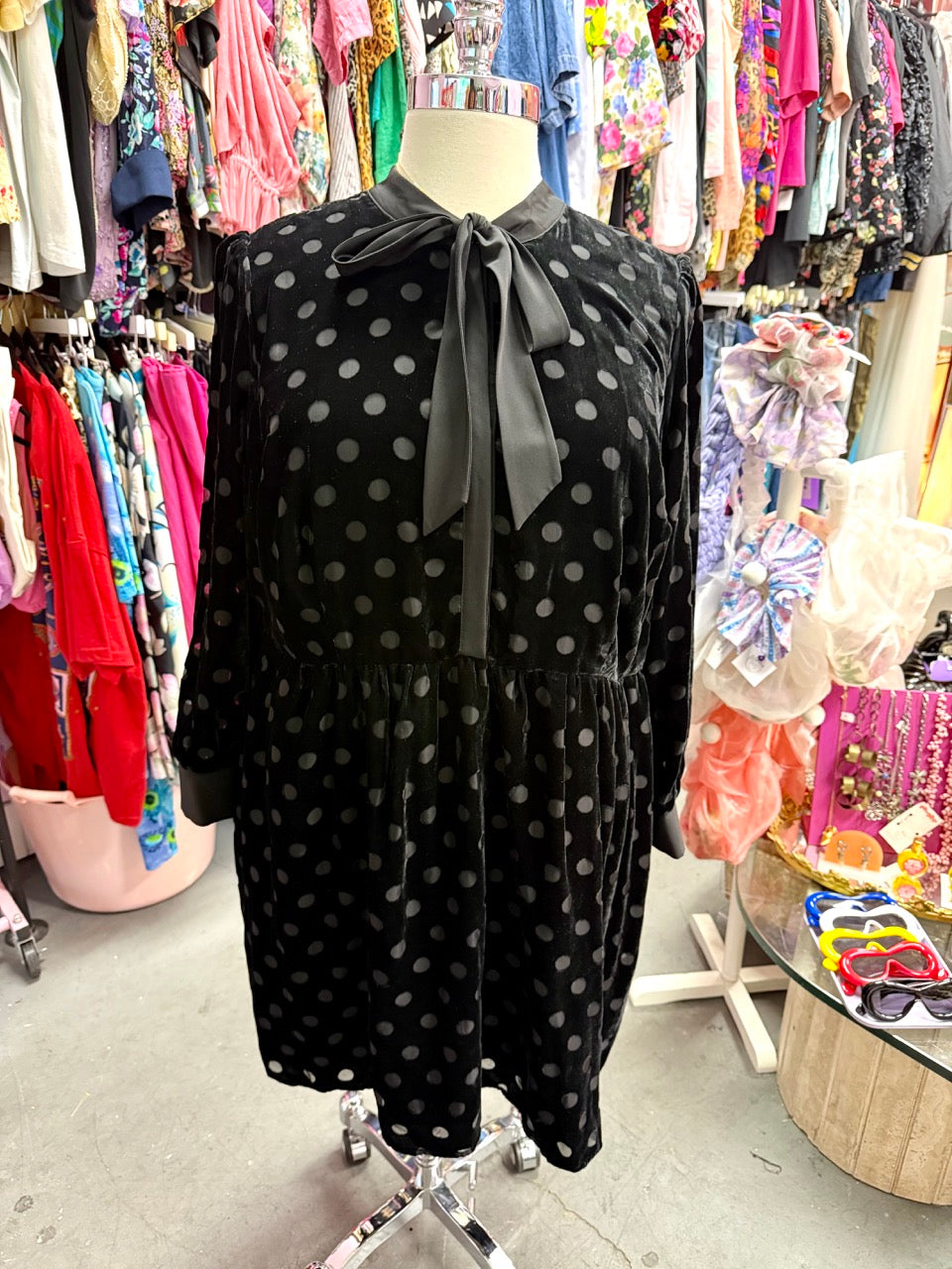 Black Velvet Burn Out Polka Dot Dress - Size 2X/3X