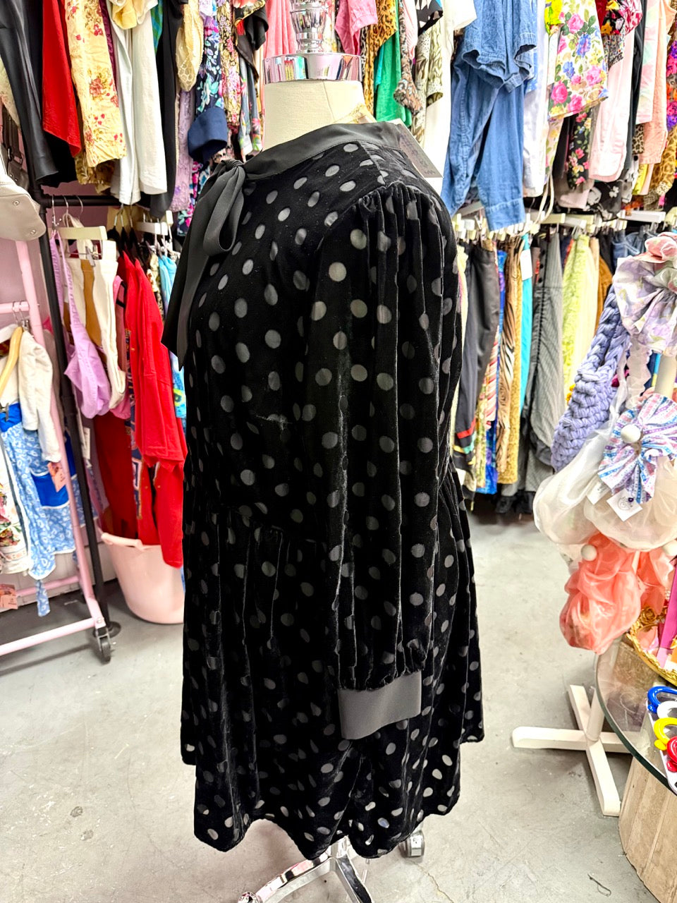 Black Velvet Burn Out Polka Dot Dress - Size 2X/3X