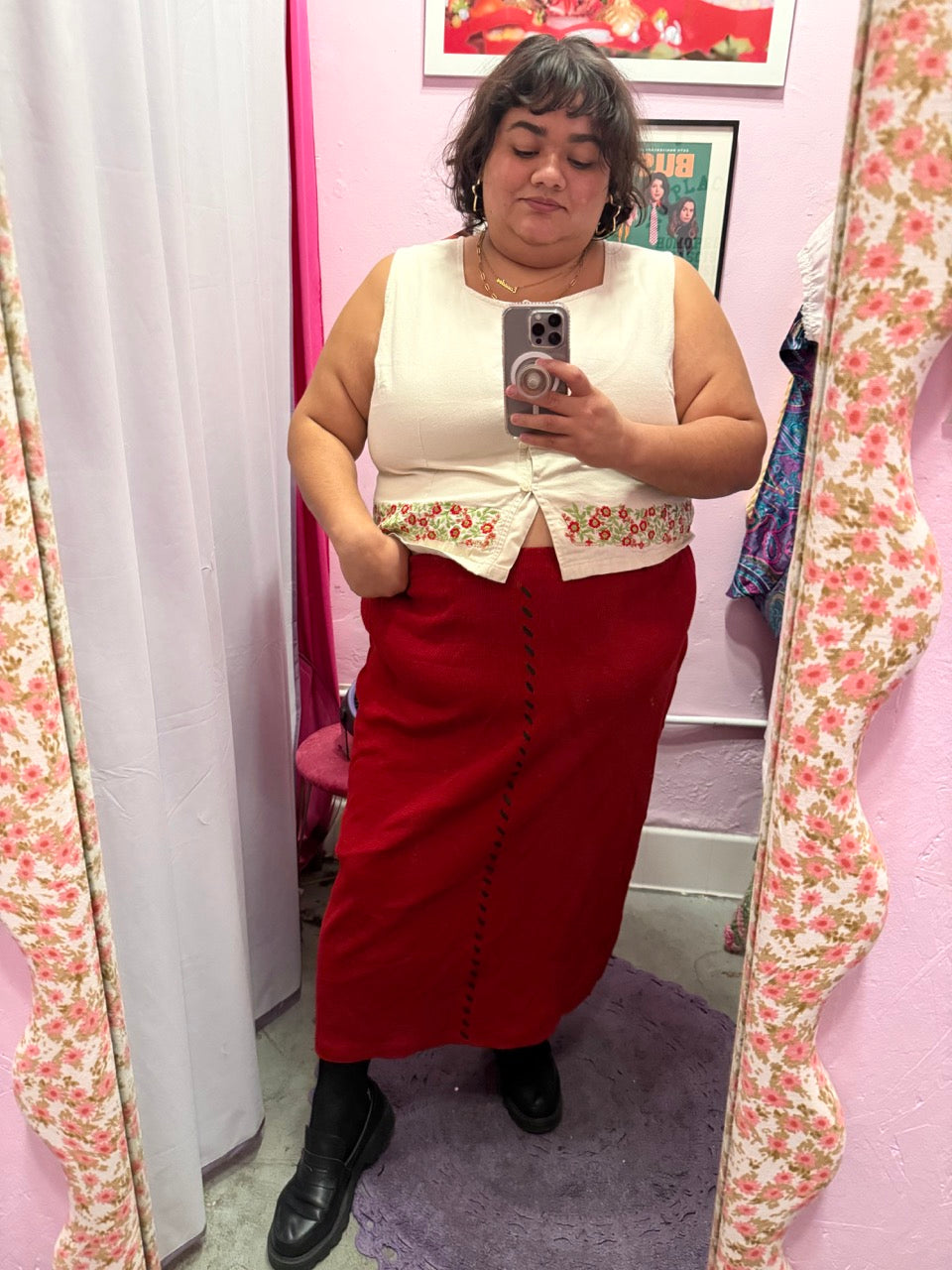 80s Olive Oil Red Skirt with Stitches - Size 1X+