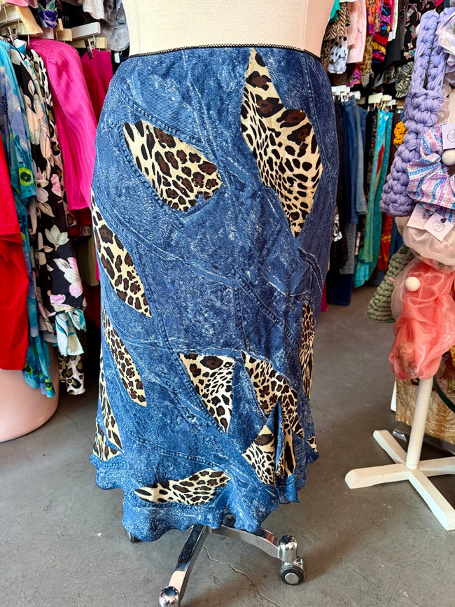 90s Denim and Animal Print Skirt - Size 2X-4X