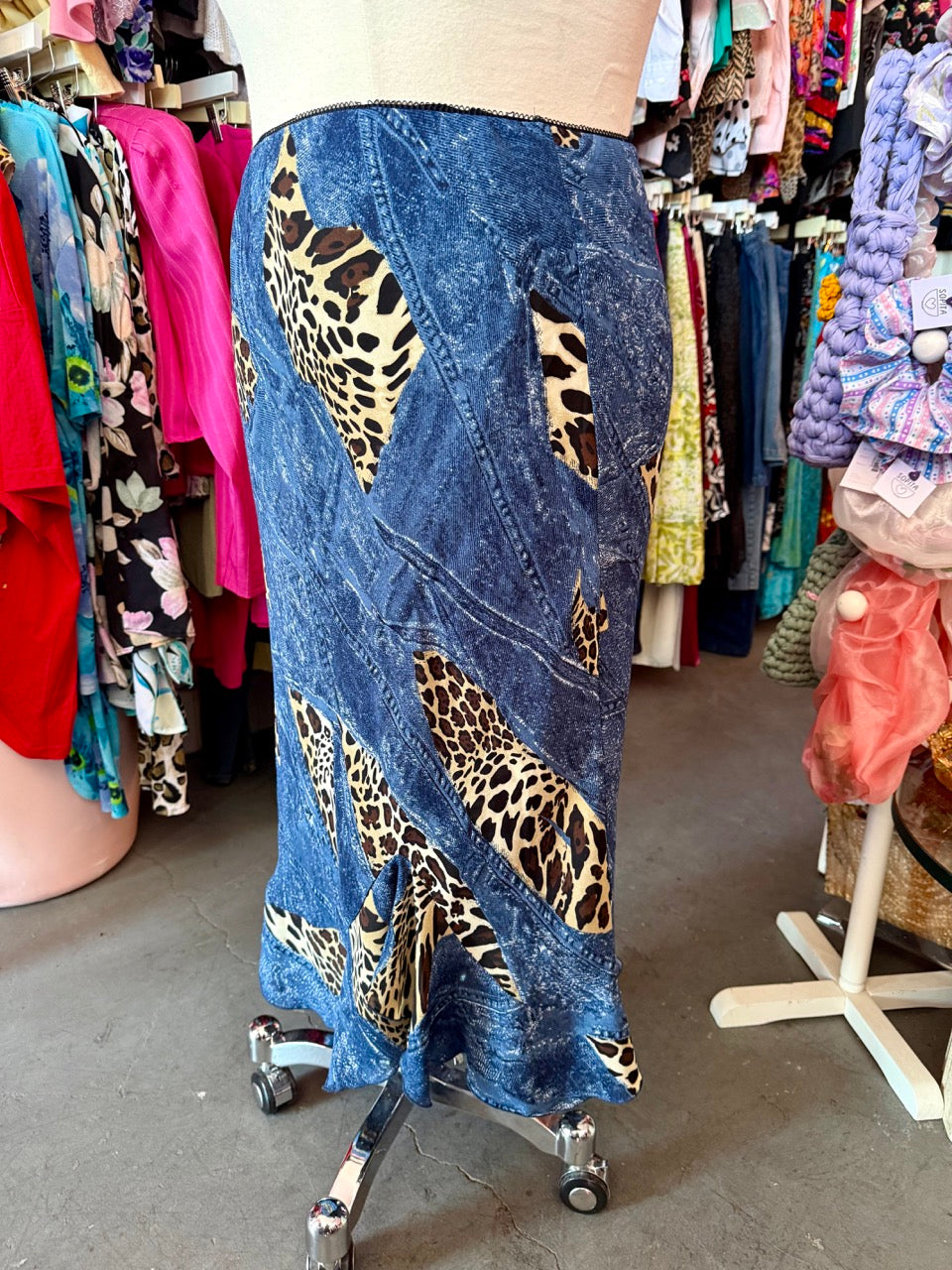 90s Denim and Animal Print Skirt - Size 2X-4X