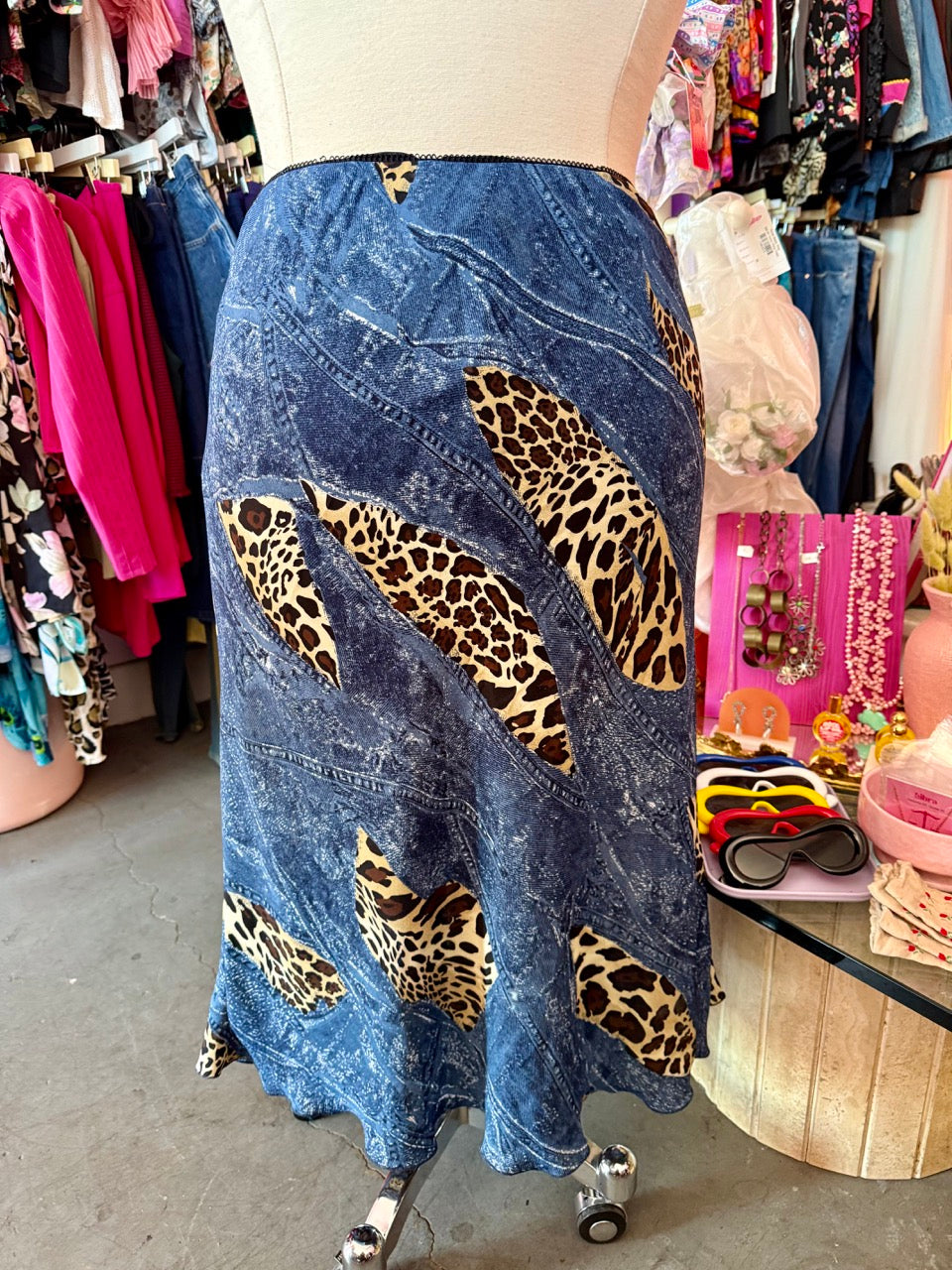 90s Denim and Animal Print Skirt - Size 2X-4X