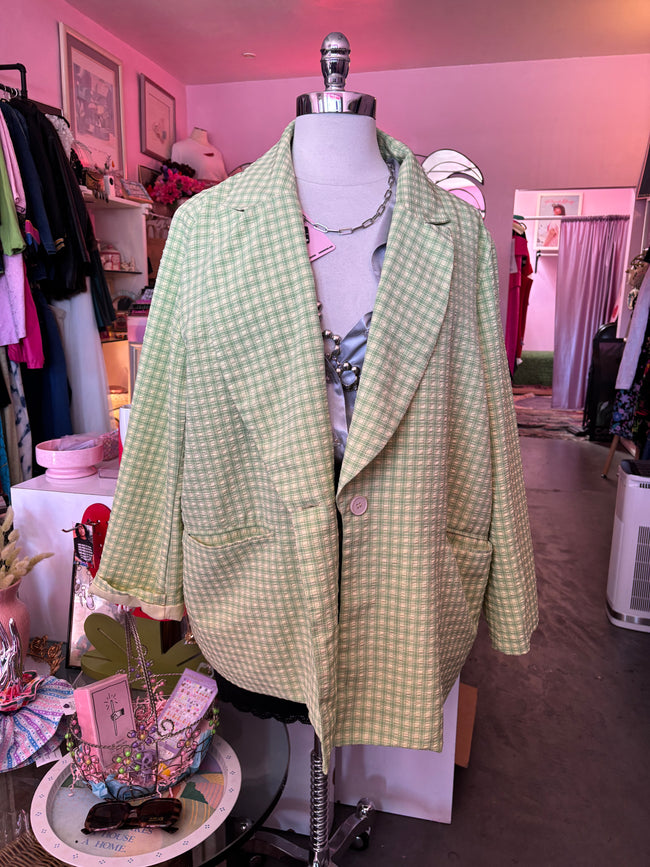 Lime Green Plaid Lightweight Blazer Shacket - 3X