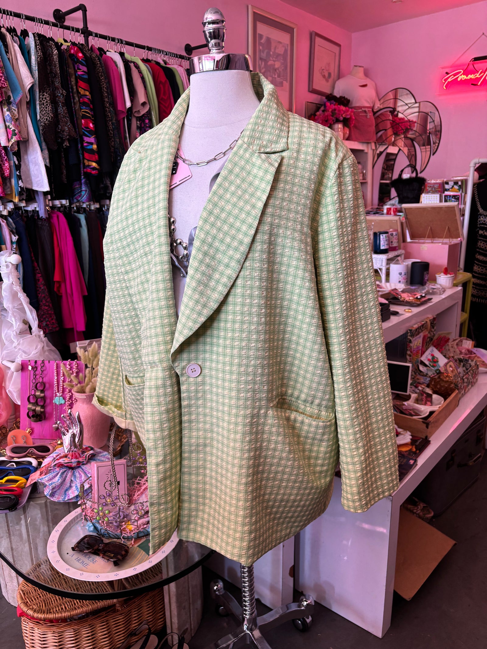 Lime Green Plaid Lightweight Blazer Shacket - 3X
