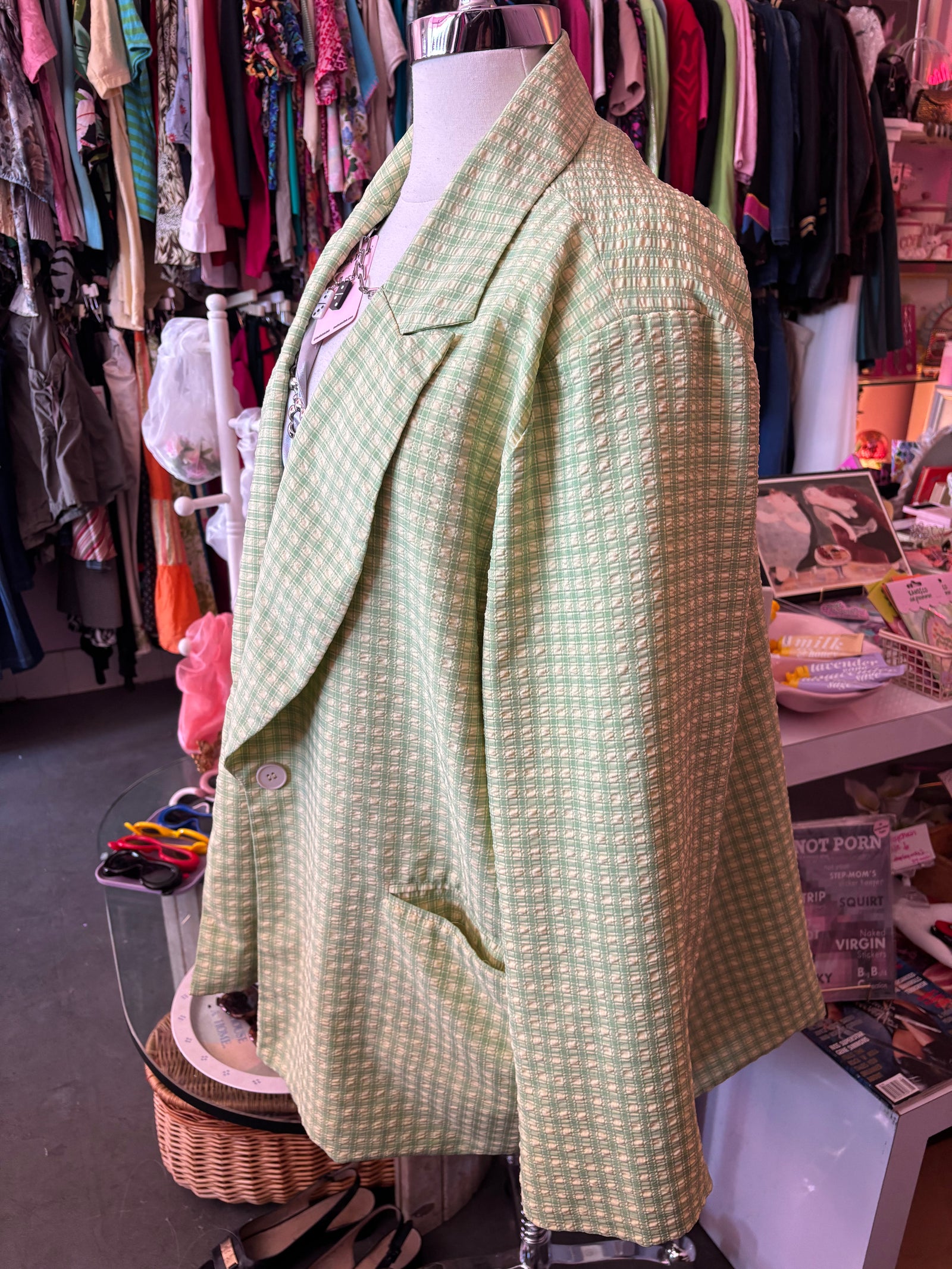 Lime Green Plaid Lightweight Blazer Shacket - 3X